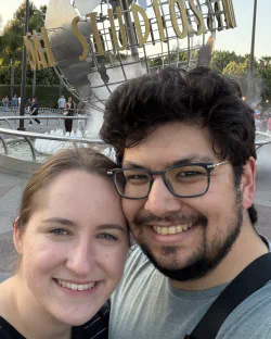 Mallory and Tynor in front of the Universal Studios globe